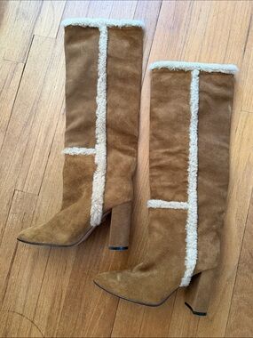 Toral Camel Suede High Heel Knee Boots with Shearling Trim